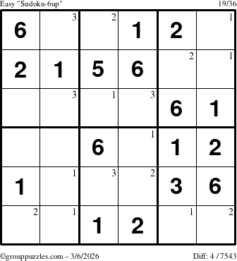 The grouppuzzles.com Easy Sudoku-6up puzzle for Friday March 6, 2026 with the first 3 steps marked