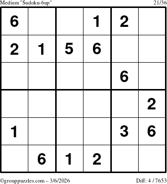 The grouppuzzles.com Medium Sudoku-6up puzzle for Friday March 6, 2026