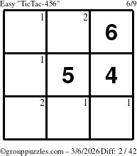 The grouppuzzles.com Easy TicTac-456 puzzle for Friday March 6, 2026 with the first 2 steps marked