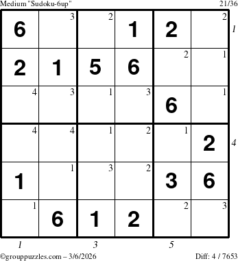 The grouppuzzles.com Medium Sudoku-6up puzzle for Friday March 6, 2026, suitable for printing, with all 4 steps marked