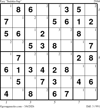 The grouppuzzles.com Easy Sudoku-8up puzzle for Friday March 6, 2026 with all 3 steps marked