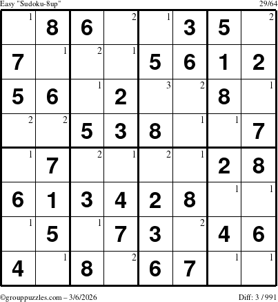 The grouppuzzles.com Easy Sudoku-8up puzzle for Friday March 6, 2026 with the first 3 steps marked