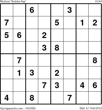 The grouppuzzles.com Medium Sudoku-8up puzzle for Friday March 6, 2026