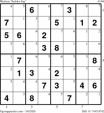 The grouppuzzles.com Medium Sudoku-8up puzzle for Friday March 6, 2026 with all 8 steps marked