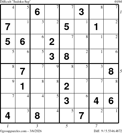 The grouppuzzles.com Difficult Sudoku-8up puzzle for Friday March 6, 2026, suitable for printing, with all 9 steps marked