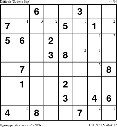 The grouppuzzles.com Difficult Sudoku-8up puzzle for Friday March 6, 2026 with the first 3 steps marked