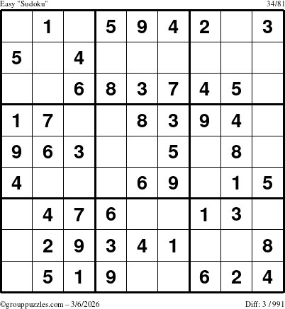 The grouppuzzles.com Easy Sudoku puzzle for Friday March 6, 2026