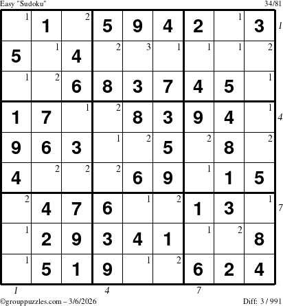 The grouppuzzles.com Easy Sudoku puzzle for Friday March 6, 2026, suitable for printing, with all 3 steps marked