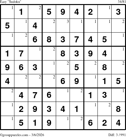 The grouppuzzles.com Easy Sudoku puzzle for Friday March 6, 2026 with the first 3 steps marked