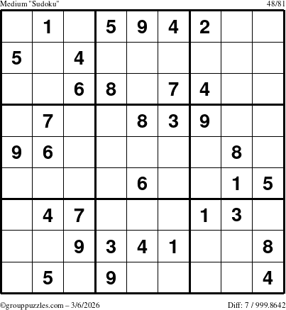 The grouppuzzles.com Medium Sudoku puzzle for Friday March 6, 2026