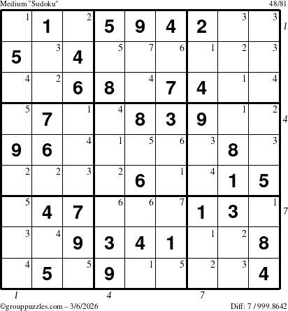 The grouppuzzles.com Medium Sudoku puzzle for Friday March 6, 2026, suitable for printing, with all 7 steps marked