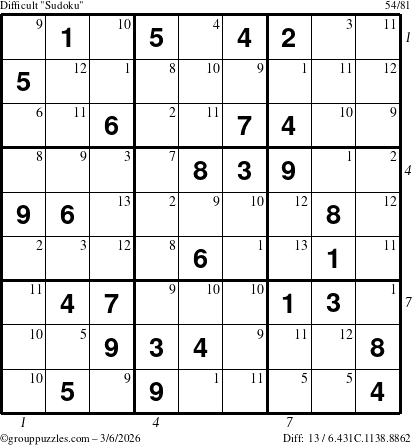 The grouppuzzles.com Difficult Sudoku puzzle for Friday March 6, 2026, suitable for printing, with all 13 steps marked