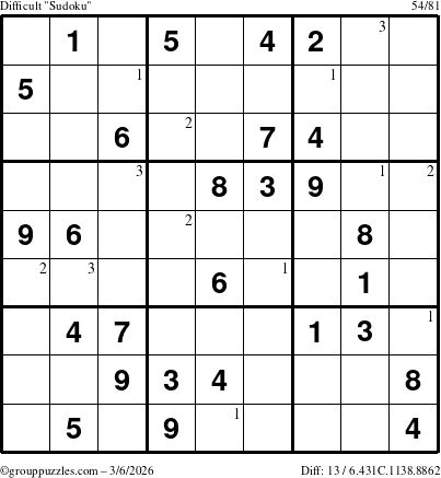 The grouppuzzles.com Difficult Sudoku puzzle for Friday March 6, 2026 with the first 3 steps marked