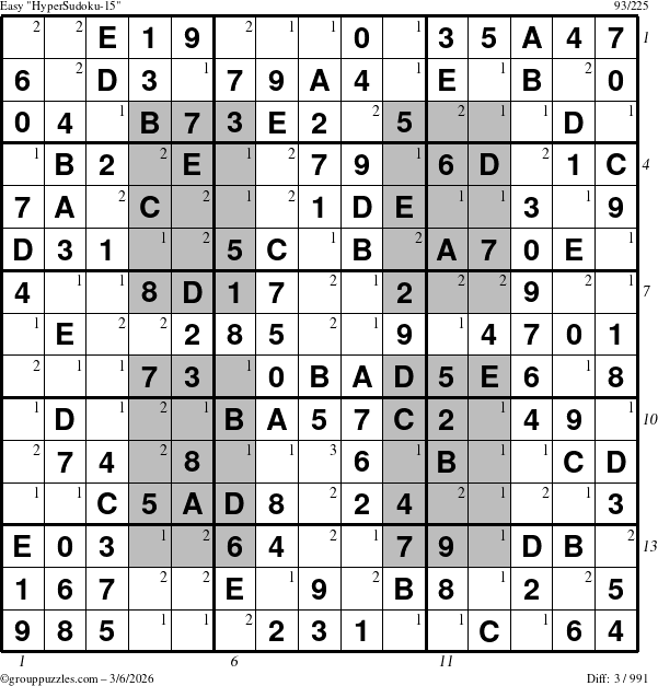 The grouppuzzles.com Easy HyperSudoku-15 puzzle for Friday March 6, 2026, suitable for printing, with all 3 steps marked