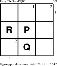 The grouppuzzles.com Easy TicTac-PQR puzzle for Friday March 6, 2026, suitable for printing, with all 2 steps marked