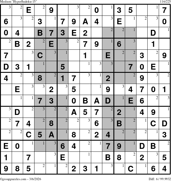 The grouppuzzles.com Medium HyperSudoku-15 puzzle for Friday March 6, 2026 with the first 3 steps marked