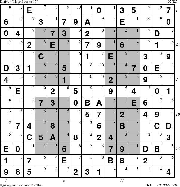 The grouppuzzles.com Difficult HyperSudoku-15 puzzle for Friday March 6, 2026, suitable for printing, with all 10 steps marked