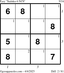 The grouppuzzles.com Easy Sudoku-4-5678 puzzle for Friday April 4, 2025 with all 2 steps marked