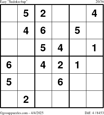 The grouppuzzles.com Easy Sudoku-6up puzzle for Friday April 4, 2025