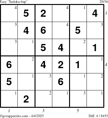 The grouppuzzles.com Easy Sudoku-6up puzzle for Friday April 4, 2025 with all 4 steps marked