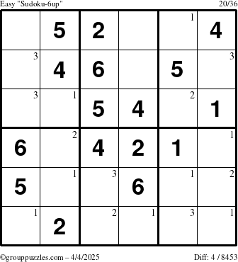 The grouppuzzles.com Easy Sudoku-6up puzzle for Friday April 4, 2025 with the first 3 steps marked