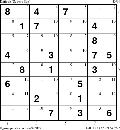 The grouppuzzles.com Difficult Sudoku-8up puzzle for Friday April 4, 2025 with all 12 steps marked