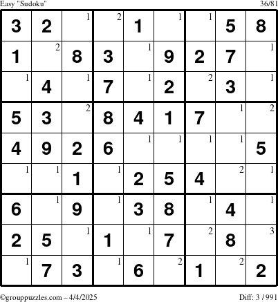 The grouppuzzles.com Easy Sudoku puzzle for Friday April 4, 2025 with the first 3 steps marked