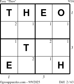 The grouppuzzles.com Easy Theo puzzle for Tuesday September 9, 2025, suitable for printing, with all 2 steps marked