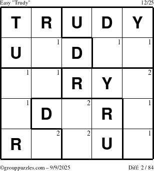 The grouppuzzles.com Easy Trudy puzzle for Tuesday September 9, 2025 with the first 2 steps marked