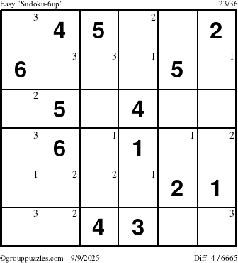 The grouppuzzles.com Easy Sudoku-6up puzzle for Tuesday September 9, 2025 with the first 3 steps marked