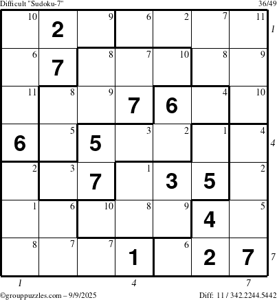 The grouppuzzles.com Difficult Sudoku-7 puzzle for Tuesday September 9, 2025, suitable for printing, with all 11 steps marked