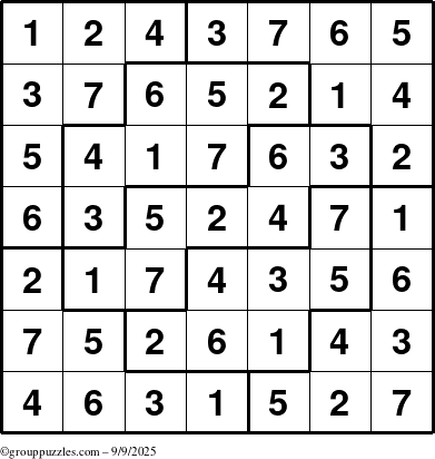 The grouppuzzles.com Answer grid for the Sudoku-7 puzzle for Tuesday September 9, 2025