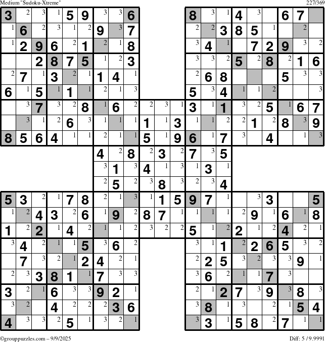 The grouppuzzles.com Medium Sudoku-Xtreme puzzle for Tuesday September 9, 2025 with the first 3 steps marked