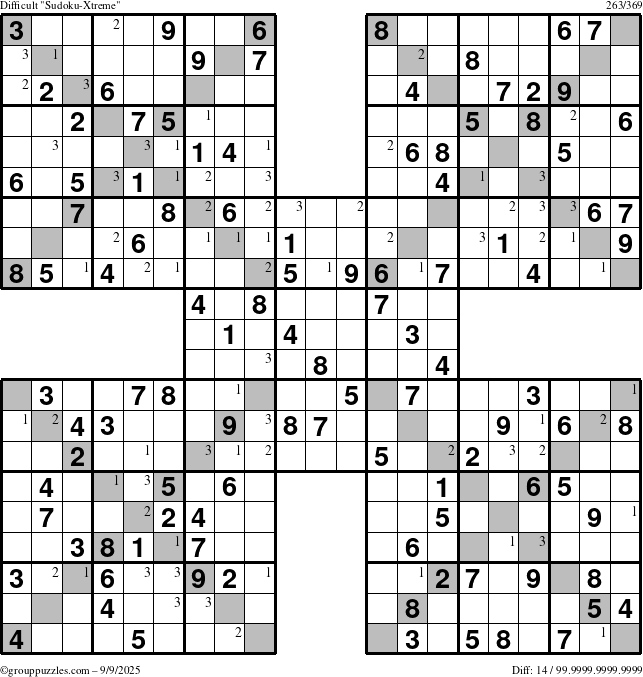 The grouppuzzles.com Difficult Sudoku-Xtreme puzzle for Tuesday September 9, 2025 with the first 3 steps marked