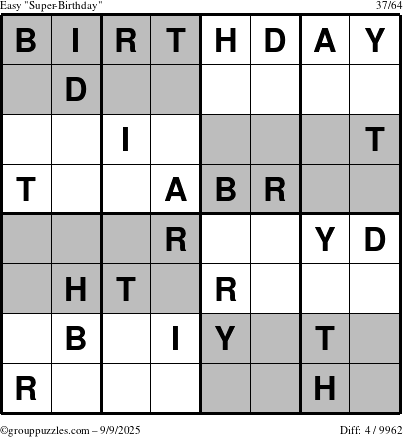 The grouppuzzles.com Easy Super-Birthday puzzle for Tuesday September 9, 2025