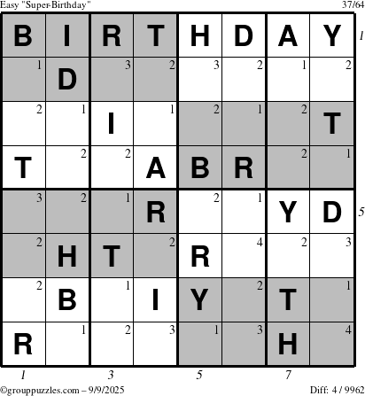 The grouppuzzles.com Easy Super-Birthday puzzle for Tuesday September 9, 2025 with all 4 steps marked
