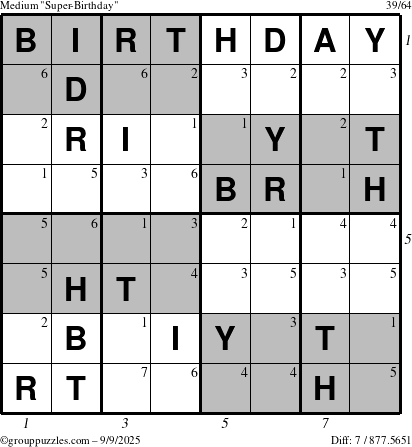 The grouppuzzles.com Medium Super-Birthday puzzle for Tuesday September 9, 2025, suitable for printing, with all 7 steps marked