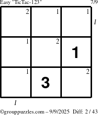 The grouppuzzles.com Easy TicTac-123 puzzle for Tuesday September 9, 2025, suitable for printing, with all 2 steps marked