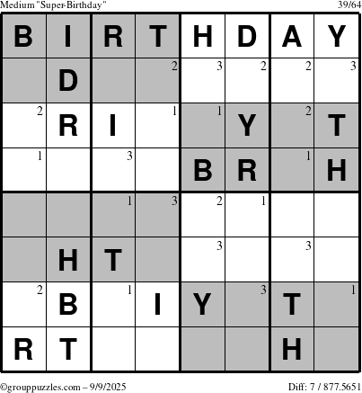 The grouppuzzles.com Medium Super-Birthday puzzle for Tuesday September 9, 2025 with the first 3 steps marked