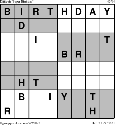 The grouppuzzles.com Difficult Super-Birthday puzzle for Tuesday September 9, 2025