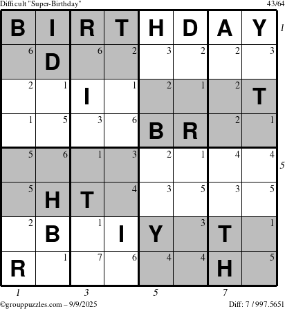 The grouppuzzles.com Difficult Super-Birthday puzzle for Tuesday September 9, 2025, suitable for printing, with all 7 steps marked