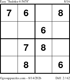 The grouppuzzles.com Easy Sudoku-4-5678 puzzle for Friday August 14, 2026