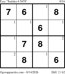The grouppuzzles.com Easy Sudoku-4-5678 puzzle for Friday August 14, 2026 with the first 2 steps marked