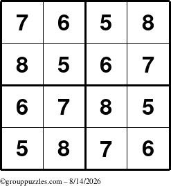 The grouppuzzles.com Answer grid for the Sudoku-4-5678 puzzle for Friday August 14, 2026