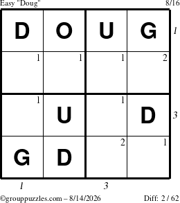 The grouppuzzles.com Easy Doug puzzle for Friday August 14, 2026, suitable for printing, with all 2 steps marked