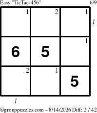 The grouppuzzles.com Easy TicTac-456 puzzle for Friday August 14, 2026 with all 2 steps marked