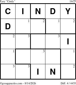 The grouppuzzles.com Easy Cindy puzzle for Friday August 14, 2026 with the first 3 steps marked