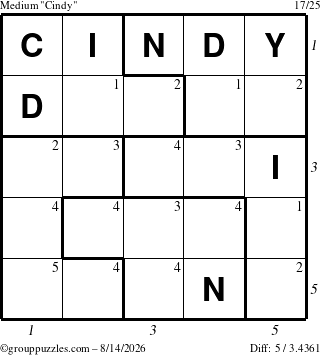 The grouppuzzles.com Medium Cindy puzzle for Friday August 14, 2026, suitable for printing, with all 5 steps marked