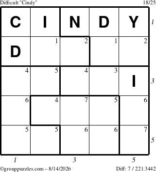 The grouppuzzles.com Difficult Cindy puzzle for Friday August 14, 2026, suitable for printing, with all 7 steps marked