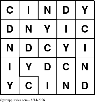 The grouppuzzles.com Answer grid for the Cindy puzzle for Friday August 14, 2026